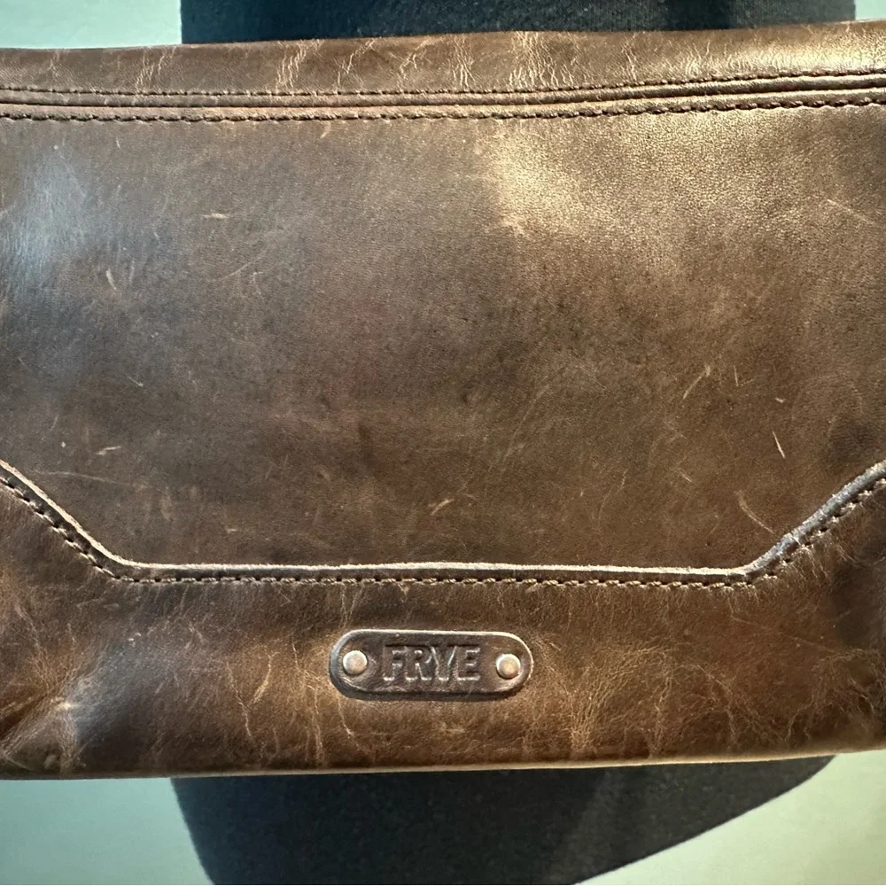 FRYE Brown Distressed Leather Foldover Crossbody Bag 6"H x 8.5"L - Picture 3 of 4